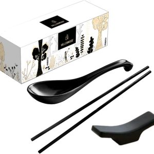 12-Piece Ramen Set: Consists of 4 Black Spoons, 4 Chopsticks, and 4 Relaxation Stands. Sturdy Unbreakable Melamine Splendid for Asian Soups, Good for Having fun with Ramen, Wontons, Sushi, and…