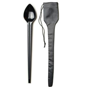 Bidirectional Spoon-Formed Chopsticks with Comfortable Carrying Pouch (Reusable, One Pair, Black, 2024 Version)