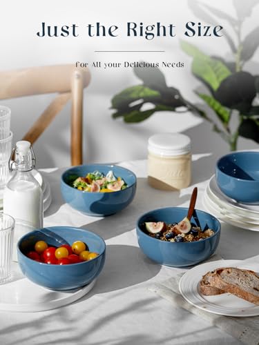 DOWAN Set of 4 Basic 22 OZ Ceramic Bowls - 6" Bowls for Soup, Cereal, Oatmeal, Fruit, and Rice - Dishwasher & Microwave Protected (Ethereal Blue)