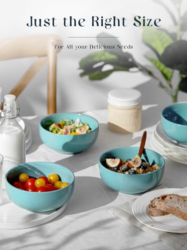 DOWAN Set of 4 Traditional 22 OZ Ceramic Bowls - 6" Soup and Cereal Bowls for Oatmeal, Fruit, Rice, and Extra - Dishwasher and Microwave Secure (Turquoise)