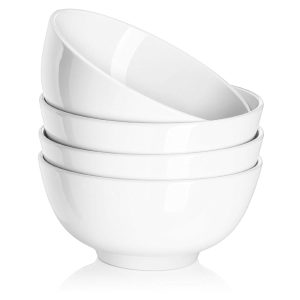 DOWAN Set of 4 White Ceramic Bowls – 22 oz Every – Excellent for Soup, Cereal, Ramen, Oatmeal, Fruit, Salad, and Rice – Dishwasher and Microwave Protected