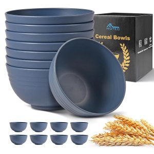 HOTEC Sturdy Wheat Straw Cereal Bowls – Microwave and Dishwasher Protected Soup and Salad Bowls, Set of 8, 26oz, BPA-Free, Traditional Blue