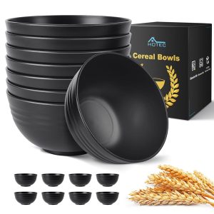 HOTEC Sturdy Wheat Straw Cereal Bowls – Microwave and Dishwasher Protected Soup and Salad Bowls, Set of 8, 26oz, BPA-Free, Black