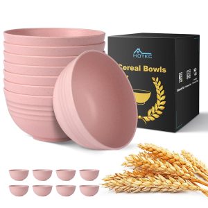 HOTEC Sturdy Wheat Straw Cereal Bowls – Microwave and Dishwasher Secure Soup and Salad Bowls, Set of 8, 26oz, BPA-Free, Pink