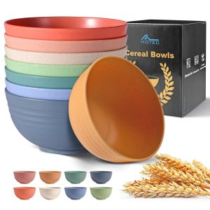 HOTEC Sturdy Wheat Straw Cereal Bowls – Microwave and Dishwasher Secure Soup and Salad Bowls, 8-Piece Set, 26oz, BPA Free, Assorted Colours