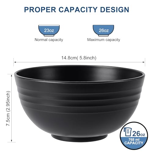 HOTEC Sturdy Wheat Straw Cereal Bowls - Microwave and Dishwasher Protected Soup and Salad Bowls, Set of 8, 26oz, BPA-Free, Black