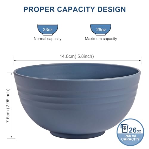 HOTEC Sturdy Wheat Straw Cereal Bowls - Microwave and Dishwasher Protected Soup and Salad Bowls, Set of 8, 26oz, BPA-Free, Traditional Blue