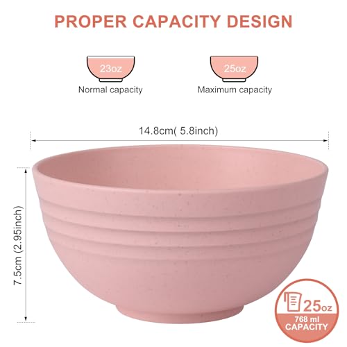 HOTEC Sturdy Wheat Straw Cereal Bowls - Microwave and Dishwasher Secure Soup and Salad Bowls, Set of 8, 26oz, BPA-Free, Pink