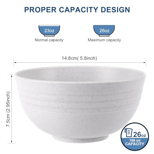 HOTEC Sturdy Wheat Straw Cereal Bowls - Microwave & Dishwasher Protected, BPA Free Soup and Salad Bowls, Set of 8, 26oz, White