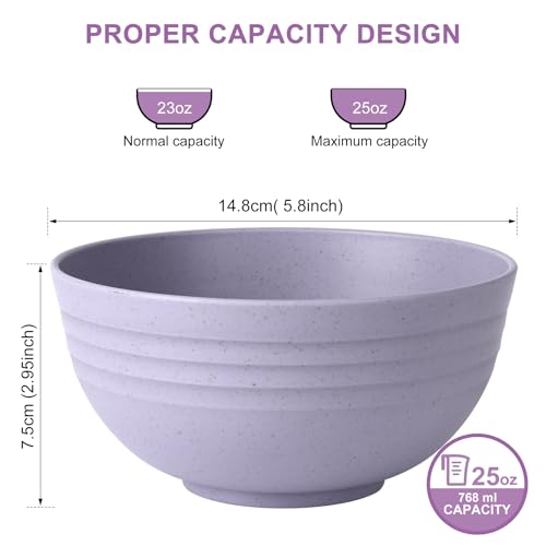 HOTEC Sturdy Wheat Straw Cereal Bowls - Microwave & Dishwasher Secure Soup and Salad Bowls, Set of 8, 26oz, BPA-Free, Purple