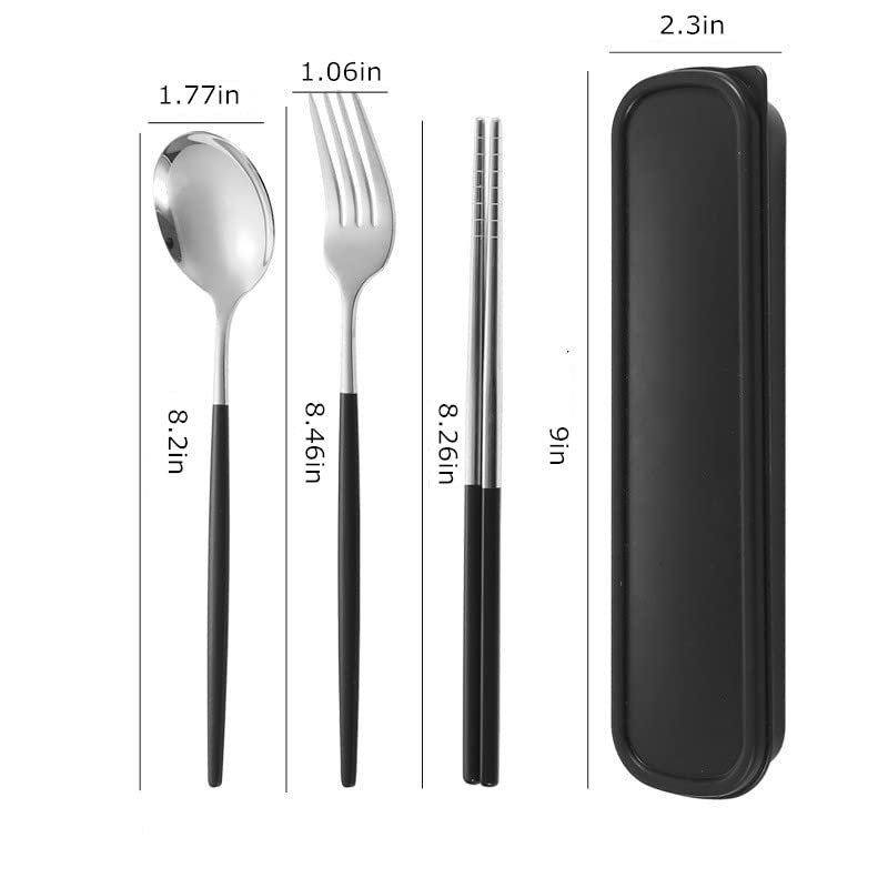 Moveable Stainless Metal Journey Utensil Set - 4-Piece Reusable Cutlery with Fork, Spoon, and Chopsticks in a Black Case