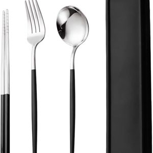 Moveable Stainless Metal Journey Utensil Set – 4-Piece Reusable Cutlery with Fork, Spoon, and Chopsticks in a Black Case