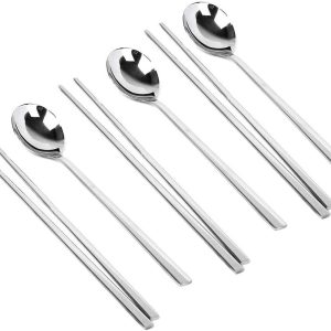 Set of three Polished Stainless Metal Spoons and Chopsticks, Korean Fashion Tableware with Lengthy Handles, Reusable Silver Utensils