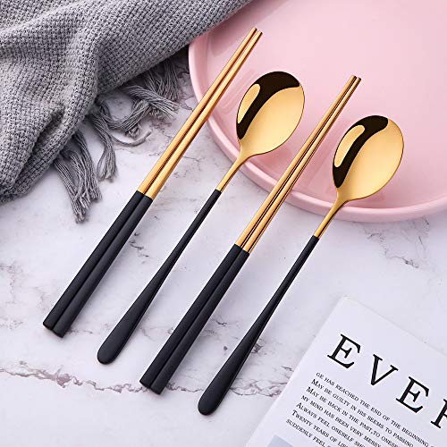 Set of 4 Reusable Korean Stainless Metal Chopsticks and Lengthy Deal with Spoon, Dishwasher Secure in Black and Gold