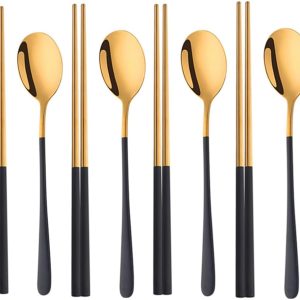 Set of 4 Reusable Korean Stainless Metal Chopsticks and Lengthy Deal with Spoon, Dishwasher Secure in Black and Gold