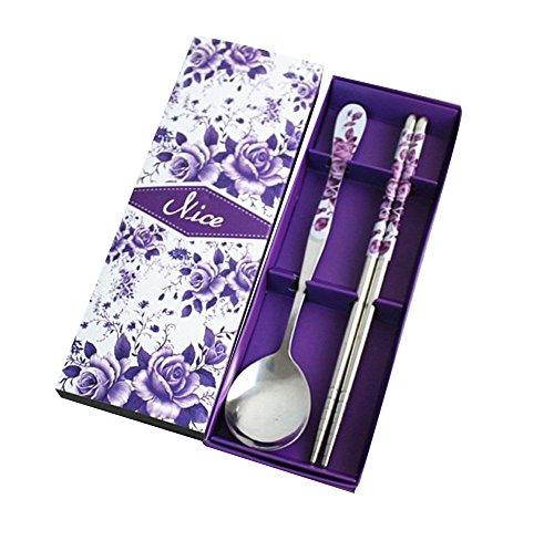 Stainless Metal Chopsticks and Spoon Set with Chinese language Purple Rose Design