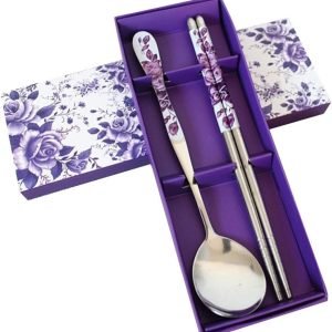 Stainless Metal Chopsticks and Spoon Set with Chinese language Purple Rose Design