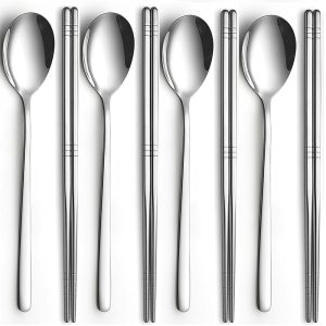 Stainless Metal Spoon and Chopstick Set – 4 Pairs of Reusable Korean Chopsticks with Spoons, That includes Flat Lengthy Handles for Dwelling and Kitchen Use